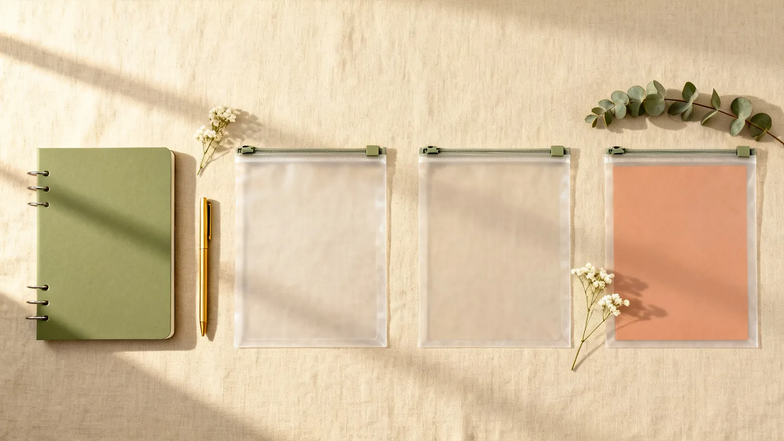 Drei transparente Zipperhüllen in verschiedenen Größen nebeneinander, daneben ein Notizbuch und ein goldener Stift