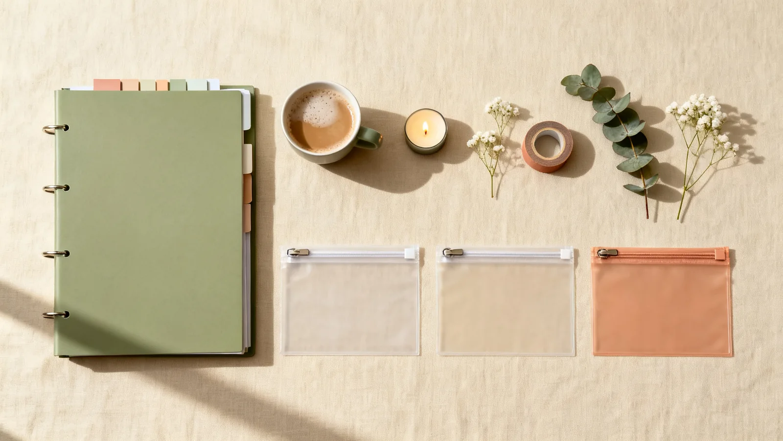 Ein geschlossener A6-Ringbinder mit Registern, daneben drei transparente Zipperhüllen und eine Tasse Kaffee