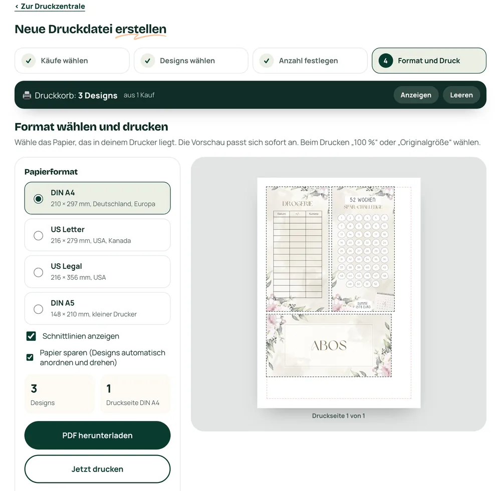 Die Druckzentrale mit der Druckvorschau einer A4-Seite im Beige Rosé Design