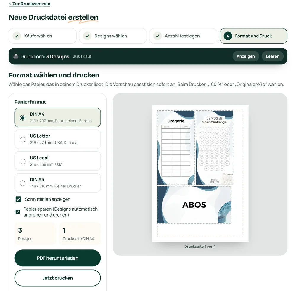 Die Druckzentrale mit der Druckvorschau einer A4-Seite im Business Blau Design