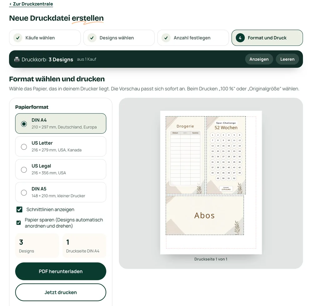 Die Druckzentrale mit der Druckvorschau einer A4-Seite im Business Feine Linien Design