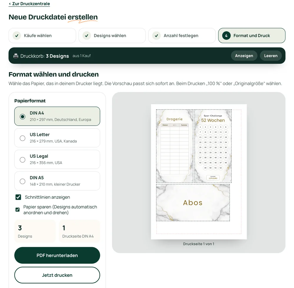 Die Druckzentrale mit der Druckvorschau einer A4-Seite im Business Marmor Grau Design