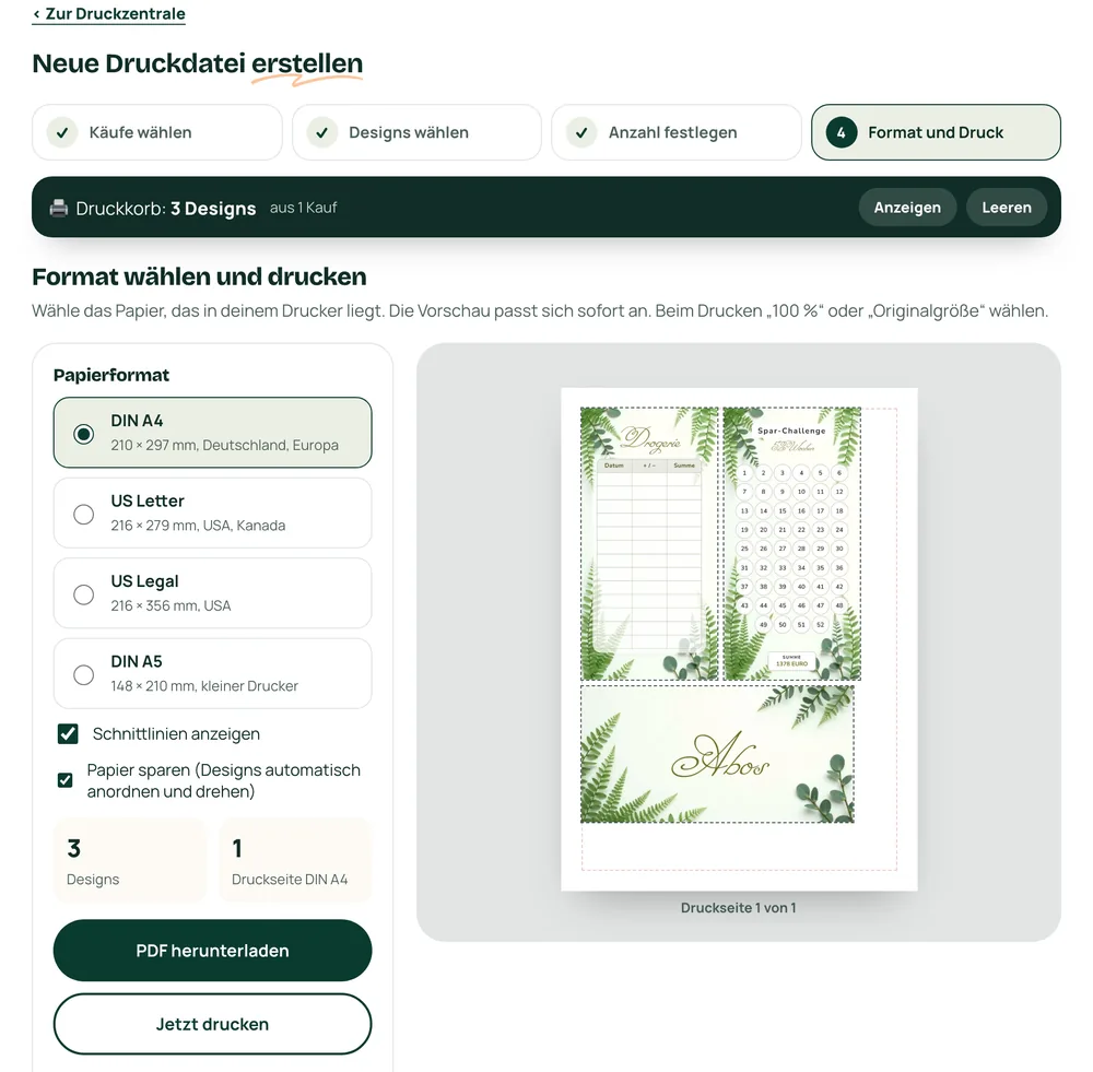 Die Druckzentrale mit der Druckvorschau einer A4-Seite im Greenery Farn Design