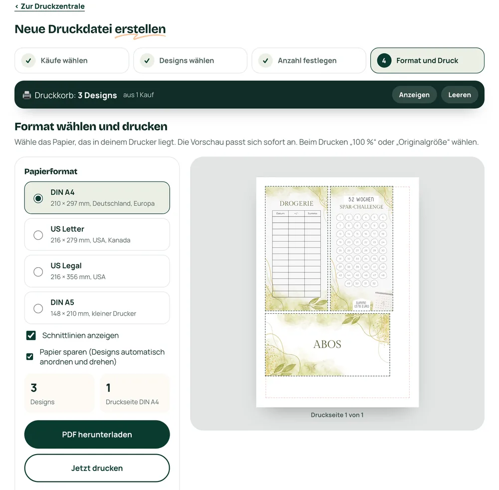 Die Druckzentrale mit der Druckvorschau einer A4-Seite im Grüne Blätter Design
