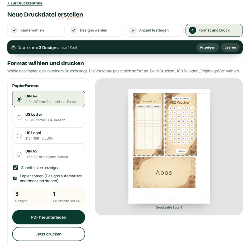 Die Druckzentrale mit der Druckvorschau einer A4-Seite im Herren Kraftpapier Design