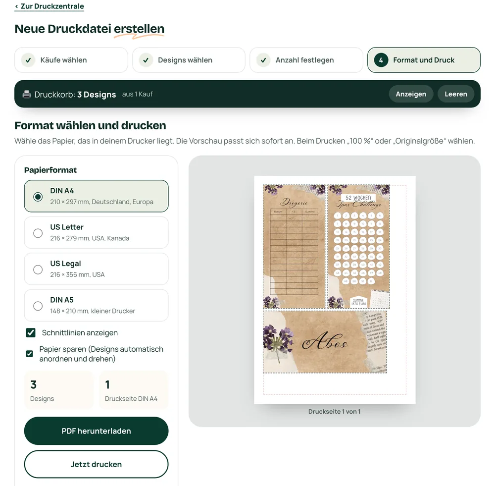 Die Druckzentrale mit der Druckvorschau einer A4-Seite im Purple Paper Design