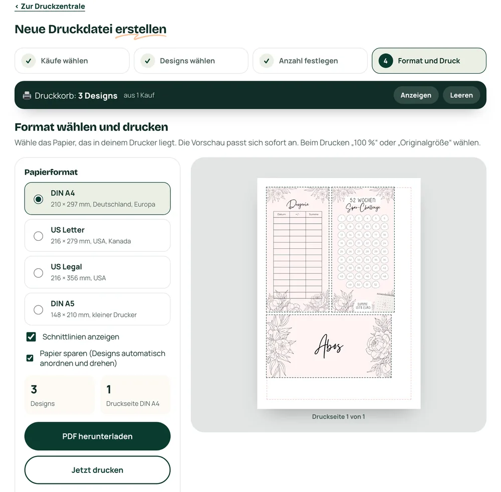 Die Druckzentrale mit der Druckvorschau einer A4-Seite im Rosa-Schwarz Design
