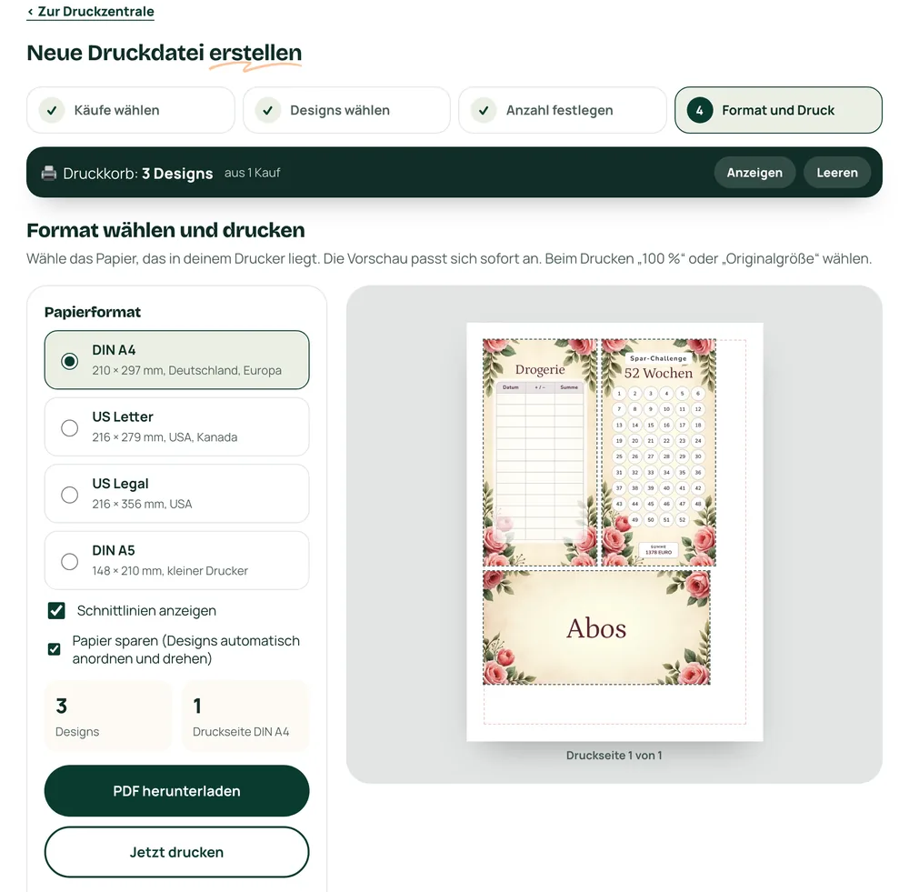 Die Druckzentrale mit der Druckvorschau einer A4-Seite im Rosen Vintage Design