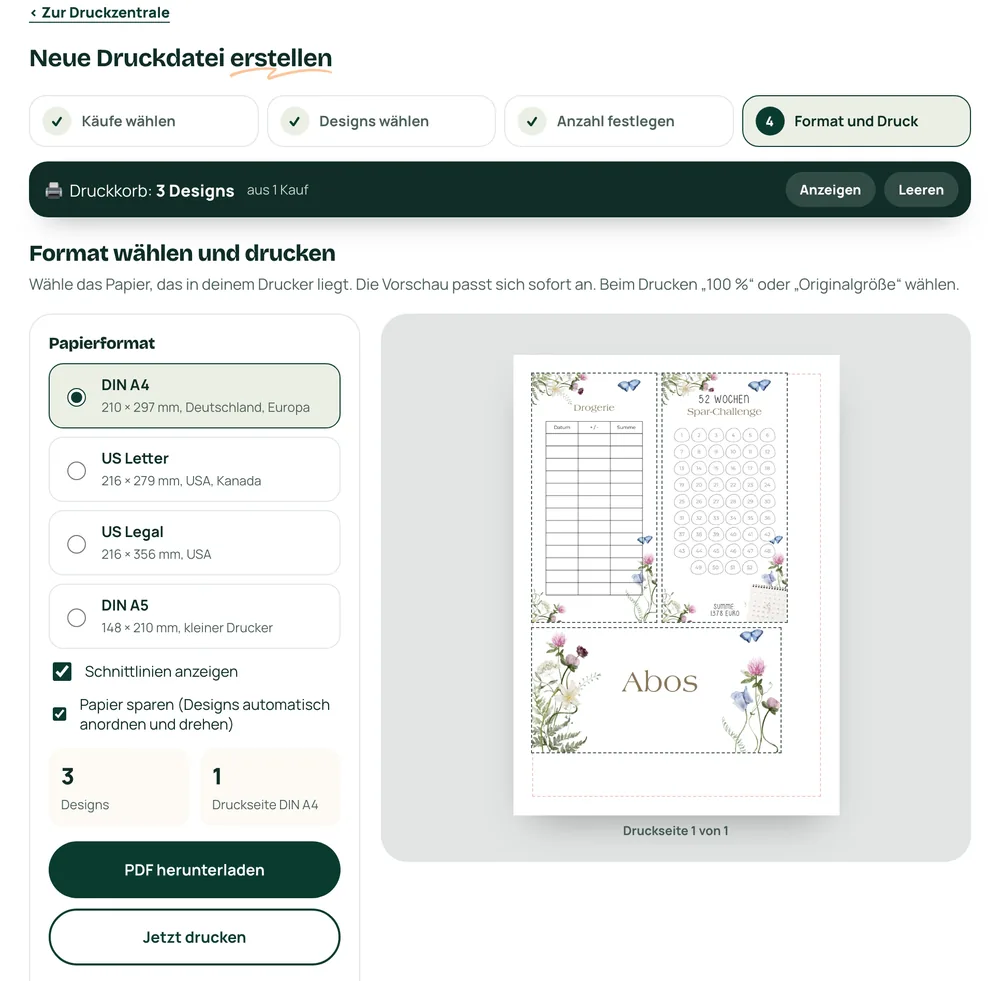 Die Druckzentrale mit der Druckvorschau einer A4-Seite im Spring Design