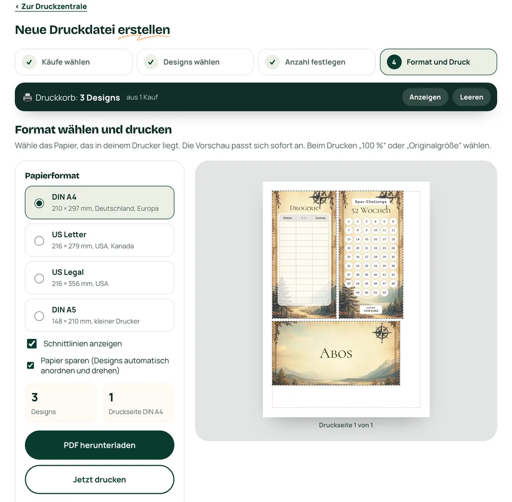 Die Druckzentrale mit der Druckvorschau einer A4-Seite im Vintage Landkarte Design