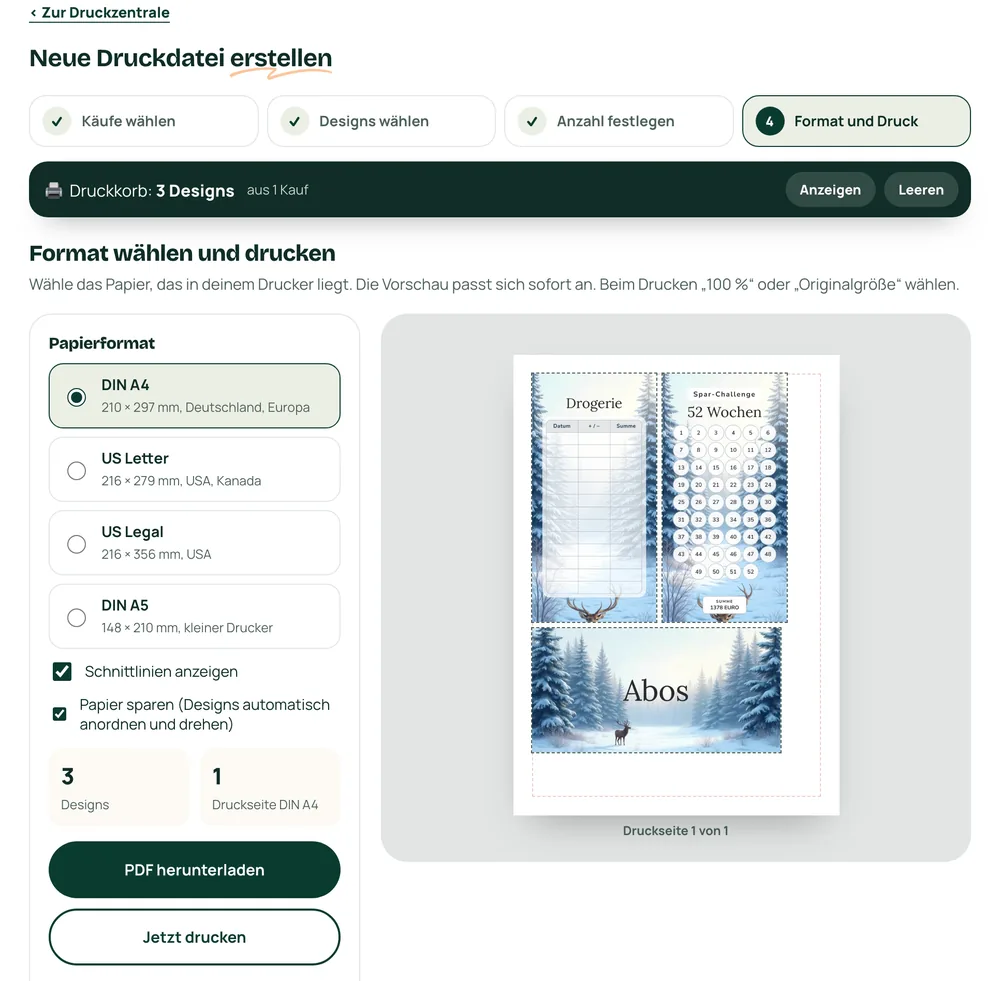 Die Druckzentrale mit der Druckvorschau einer A4-Seite im Winter Reh Design