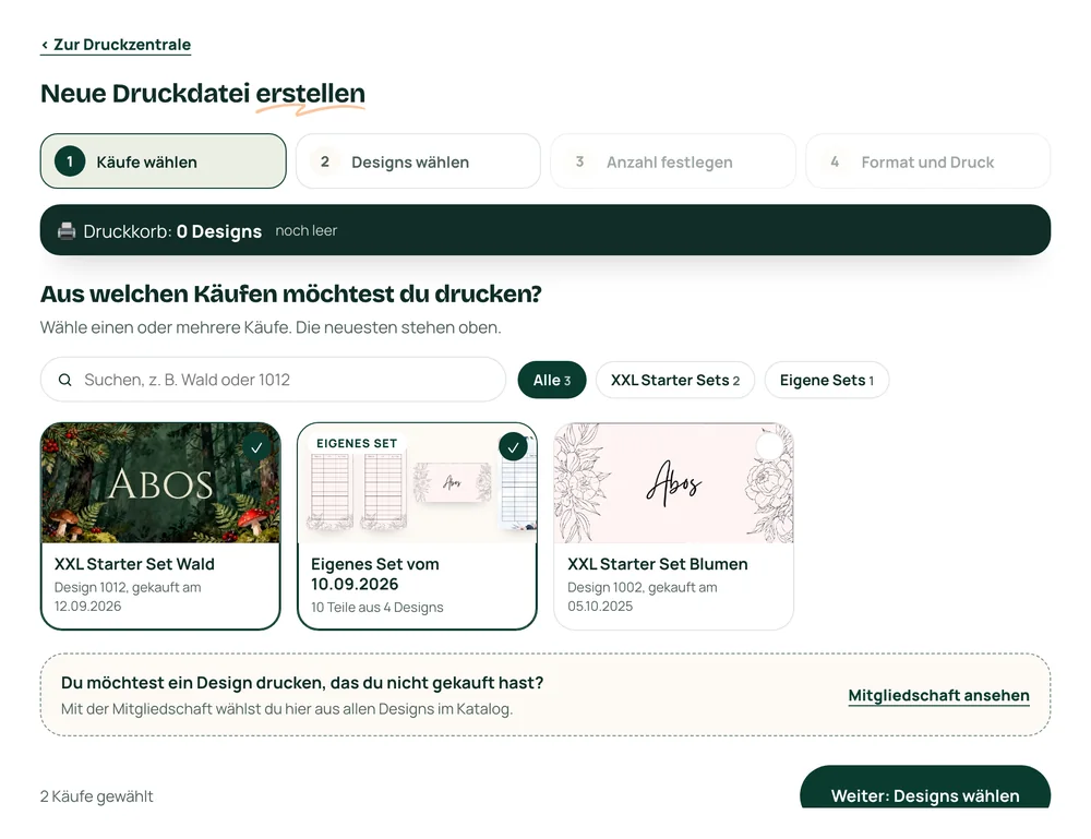 Schritt 1 der Druckzentrale: Kacheln der gekauften Sets, zwei davon mit grünem Haken ausgewählt