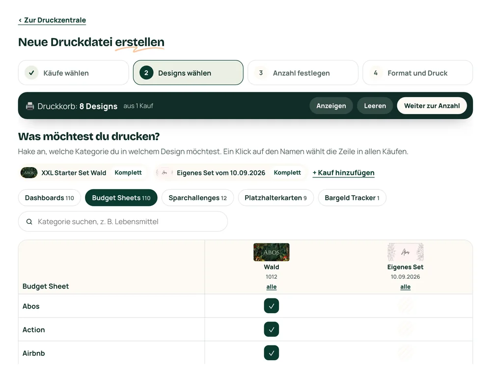 Schritt 2 der Druckzentrale: Reiter je Art und eine Tabelle, in der je Kategorie und Kauf angehakt wird