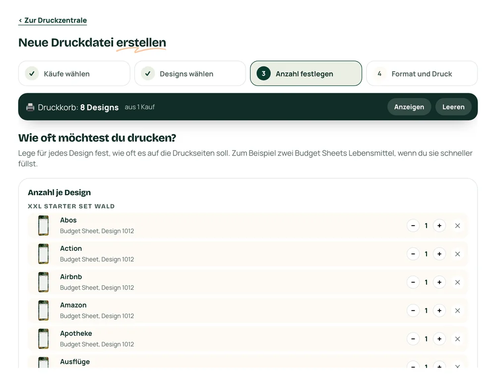 Schritt 3 der Druckzentrale: Liste der gewählten Designs mit Plus- und Minus-Knopf je Zeile