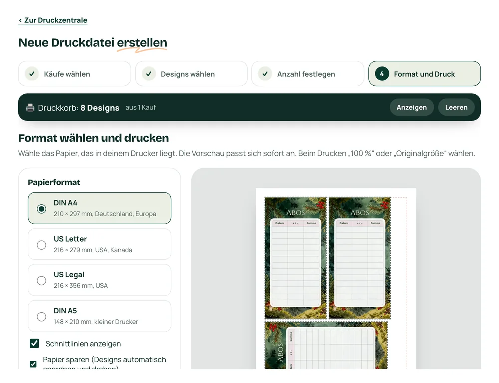 Schritt 4 der Druckzentrale: Auswahl des Papierformats links, daneben die Druckvorschau einer A4-Seite mit drei Designs