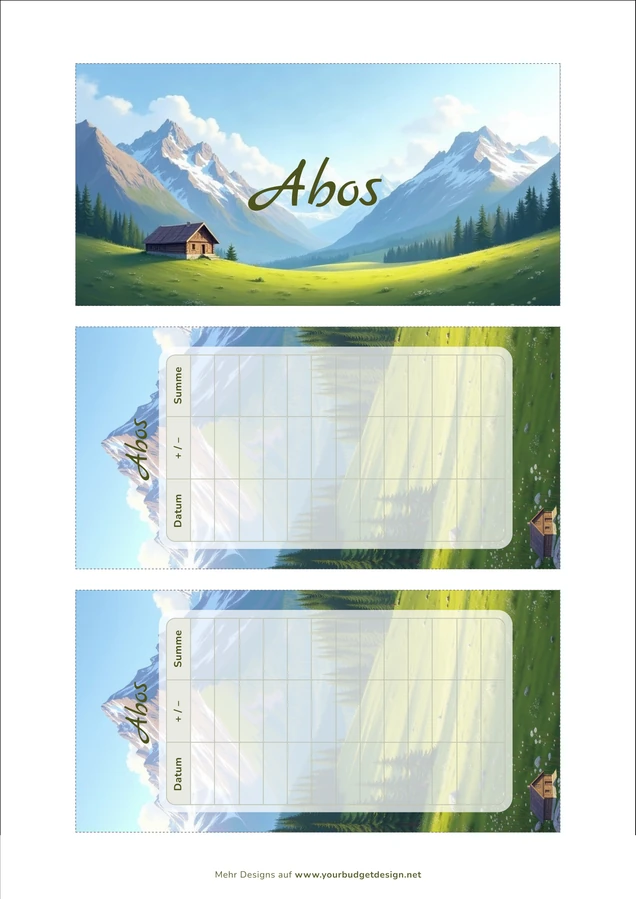 A4-Druckseite im Almhütte Design mit Deckblatt und zwei Budget Sheets zum Ausschneiden