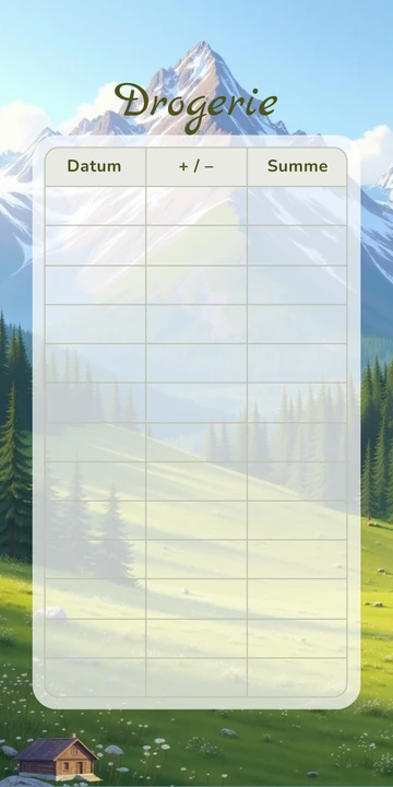 Budget Sheet Drogerie im Almhütte Design mit Spalten Datum, Plus Minus und Summe