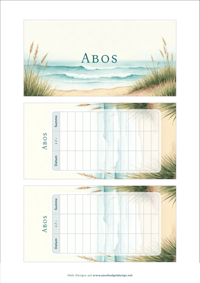 A4-Druckseite im Aquarell Ozean Design mit Deckblatt und zwei Budget Sheets zum Ausschneiden