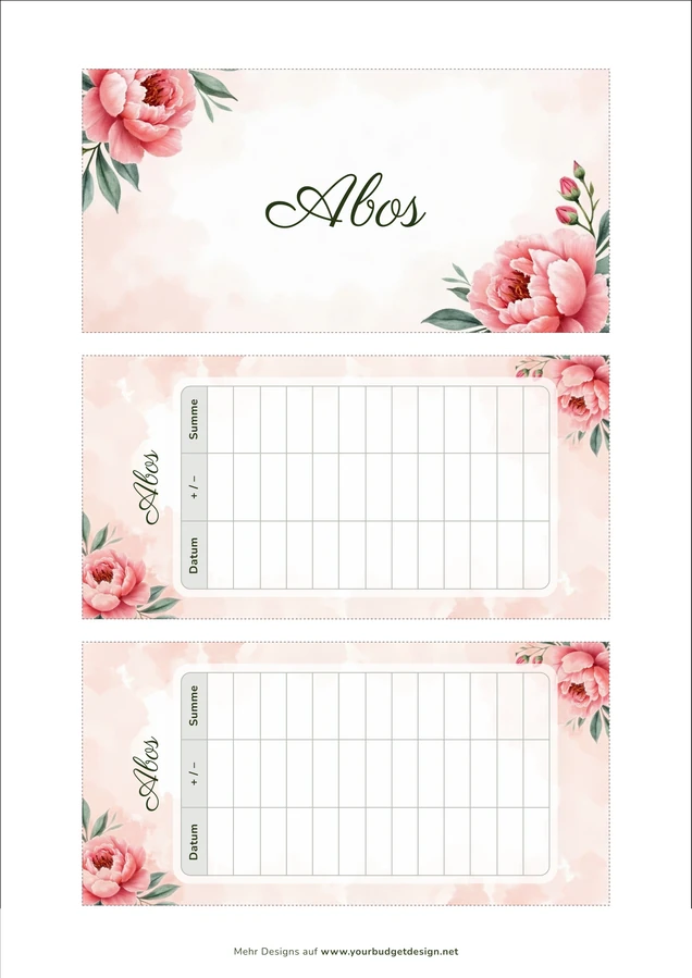 A4-Druckseite im Aquarell Pfingstrosen Design mit Deckblatt und zwei Budget Sheets zum Ausschneiden