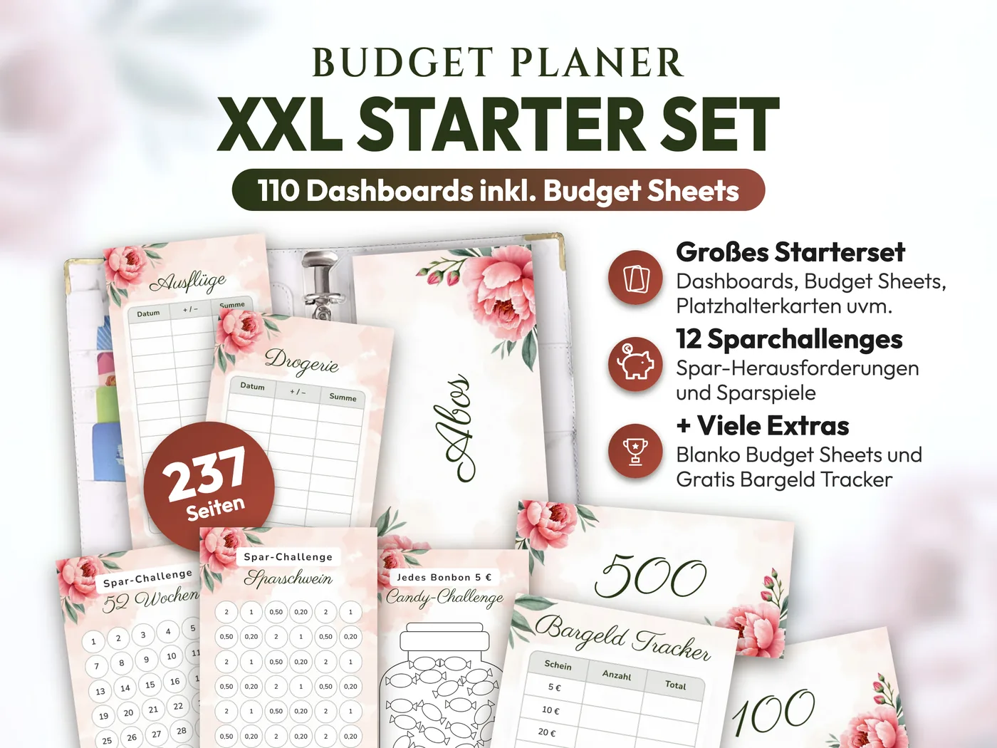 Budget Planer XXL Starter Set: Aquarell Pfingstrosen