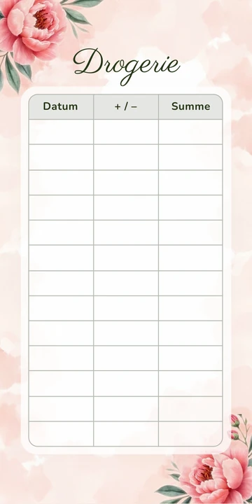 Budget Sheet Drogerie im Aquarell Pfingstrosen Design mit Spalten Datum, Plus Minus und Summe