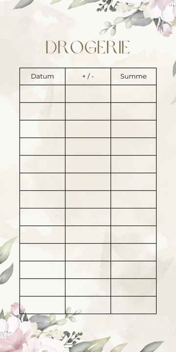 Budget Sheet Drogerie im Beige Rosé Design mit Spalten Datum, Plus Minus und Summe