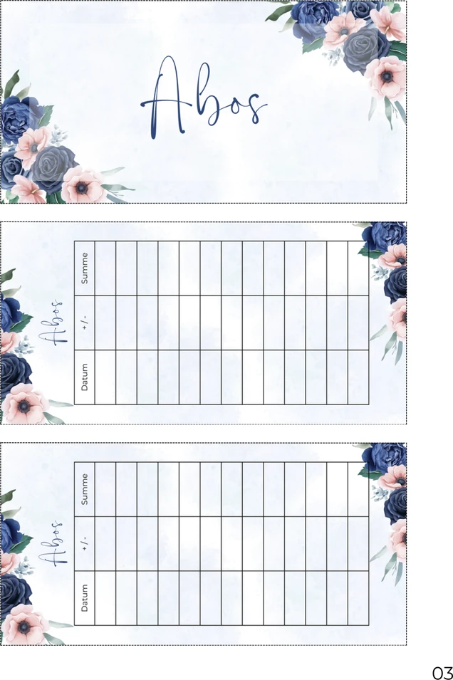 A4-Druckseite im Blau Rosé Design mit Deckblatt und zwei Budget Sheets zum Ausschneiden