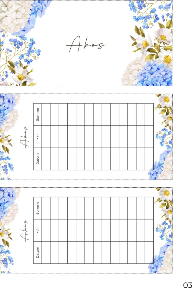 A4-Druckseite im Blue Flower Design mit Deckblatt und zwei Budget Sheets zum Ausschneiden