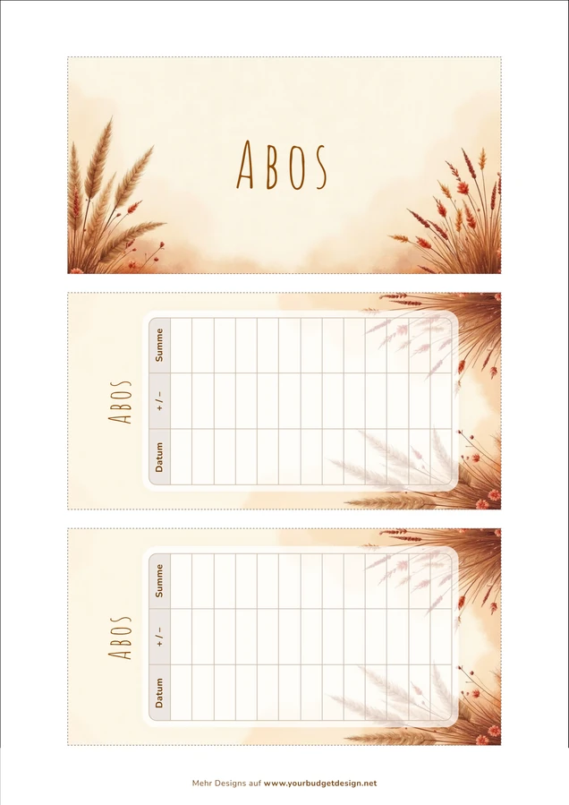 A4-Druckseite im Boho Pampas Design mit Deckblatt und zwei Budget Sheets zum Ausschneiden