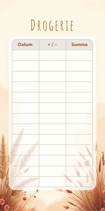 Budget Sheet Drogerie im Boho Pampas Design mit Spalten Datum, Plus Minus und Summe
