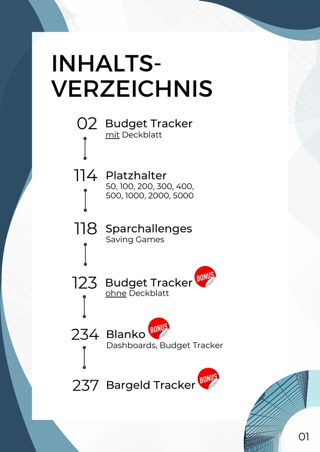 Inhaltsverzeichnis im Business Blau Design als A4-Druckseite