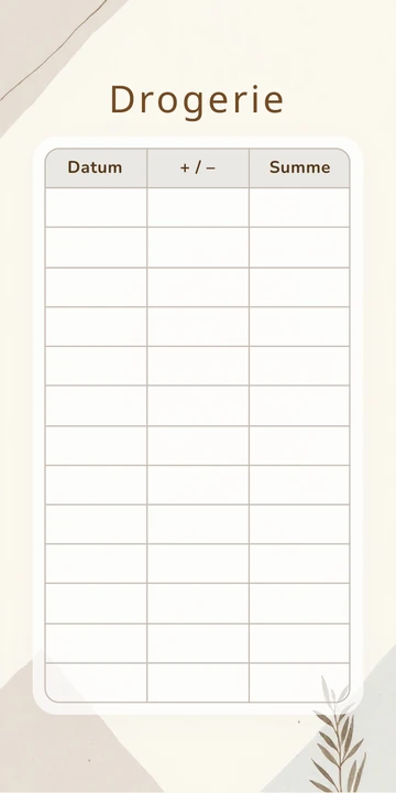 Budget Sheet Drogerie im Business Feine Linien Design mit Spalten Datum, Plus Minus und Summe