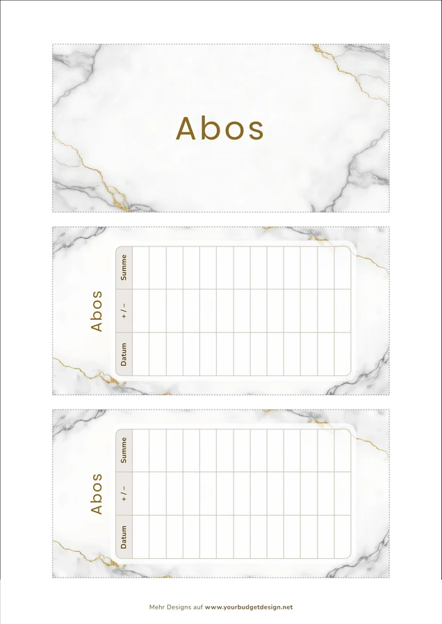 A4-Druckseite im Business Marmor Grau Design mit Deckblatt und zwei Budget Sheets zum Ausschneiden