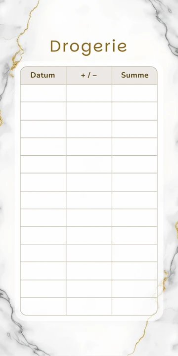 Budget Sheet Drogerie im Business Marmor Grau Design mit Spalten Datum, Plus Minus und Summe