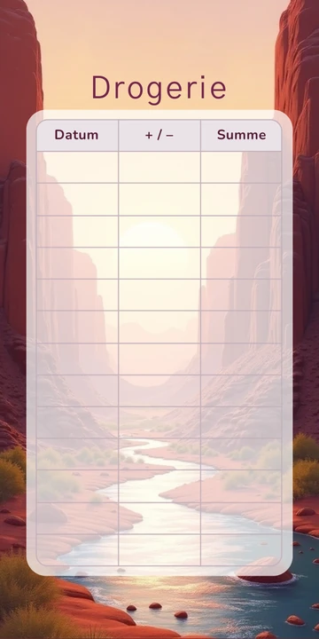Budget Sheet Drogerie im Canyon Fluss Design mit Spalten Datum, Plus Minus und Summe