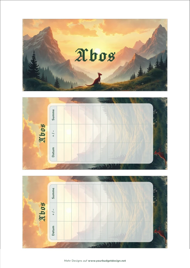 A4-Druckseite im Drache Fantasy Design mit Deckblatt und zwei Budget Sheets zum Ausschneiden