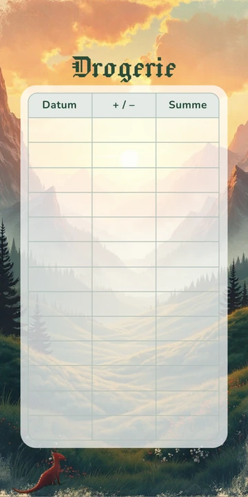 Budget Sheet Drogerie im Drache Fantasy Design mit Spalten Datum, Plus Minus und Summe