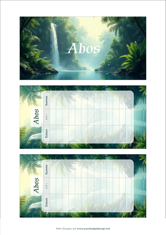 A4-Druckseite im Dschungel Wasserfall Design mit Deckblatt und zwei Budget Sheets zum Ausschneiden