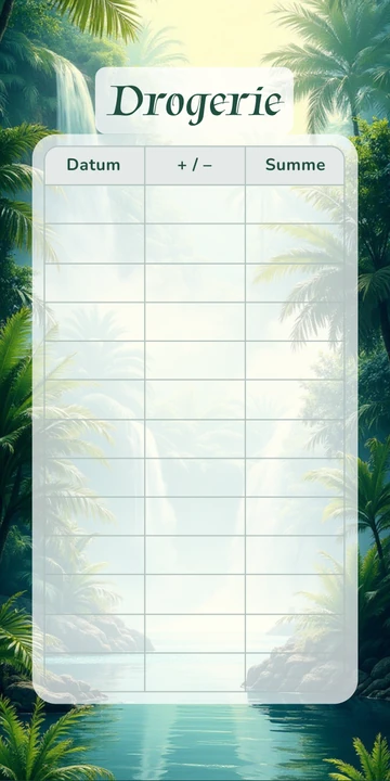 Budget Sheet Drogerie im Dschungel Wasserfall Design mit Spalten Datum, Plus Minus und Summe