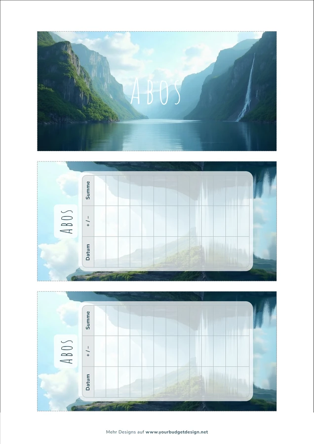 A4-Druckseite im Fjord Wasserfall Design mit Deckblatt und zwei Budget Sheets zum Ausschneiden