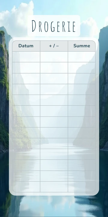 Budget Sheet Drogerie im Fjord Wasserfall Design mit Spalten Datum, Plus Minus und Summe