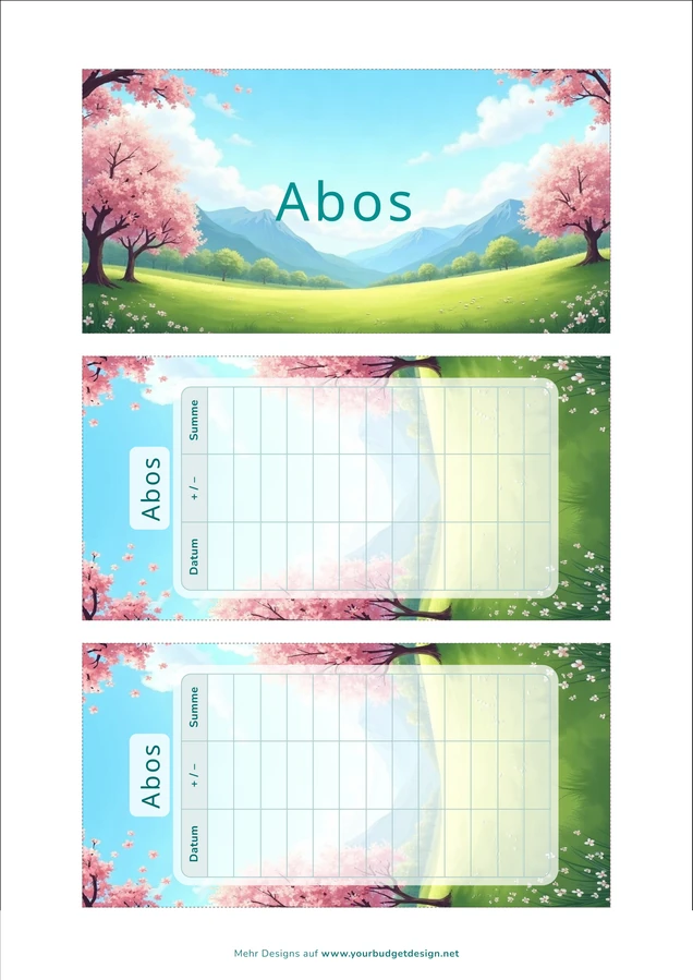 A4-Druckseite im Frühlingswiese Design mit Deckblatt und zwei Budget Sheets zum Ausschneiden