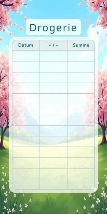 Budget Sheet Drogerie im Frühlingswiese Design mit Spalten Datum, Plus Minus und Summe