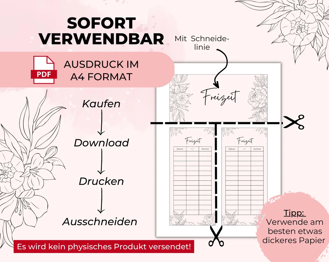 A4-Seite mit Schnittlinien zum Ausschneiden der A6-Einlagen