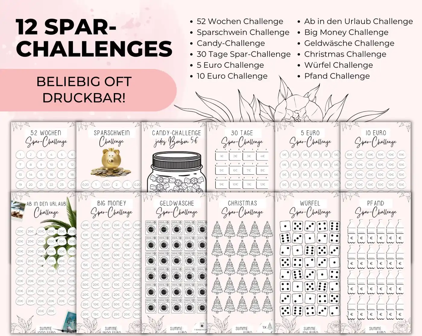 Mehrere ausgedruckte Sparchallenge-Vorlagen im A6-Format nebeneinander