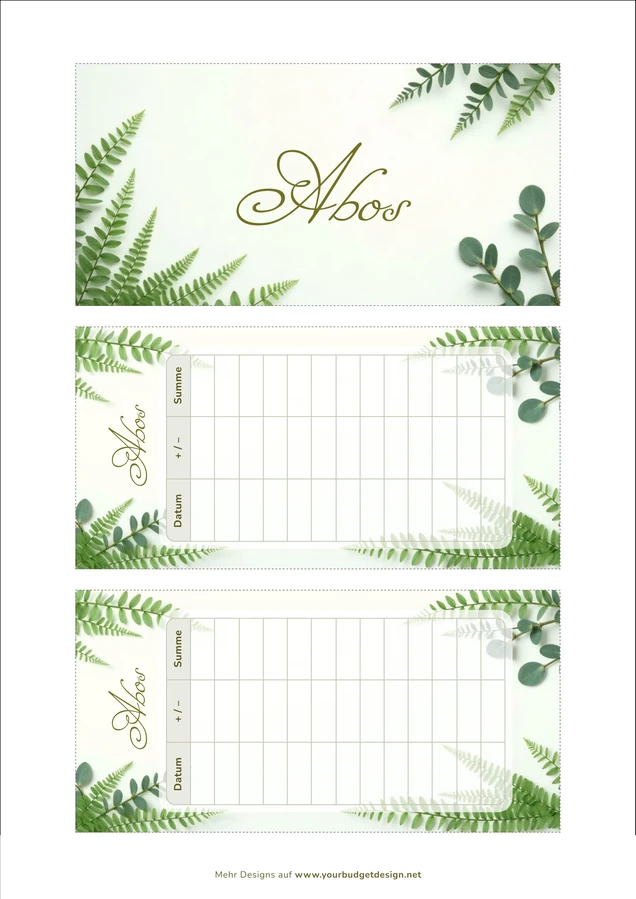 A4-Druckseite im Greenery Farn Design mit Deckblatt und zwei Budget Sheets zum Ausschneiden