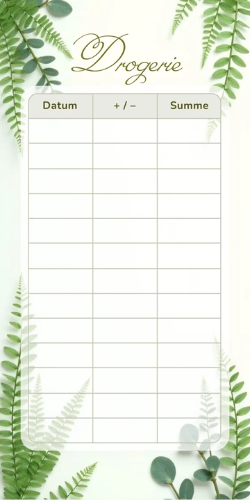 Budget Sheet Drogerie im Greenery Farn Design mit Spalten Datum, Plus Minus und Summe
