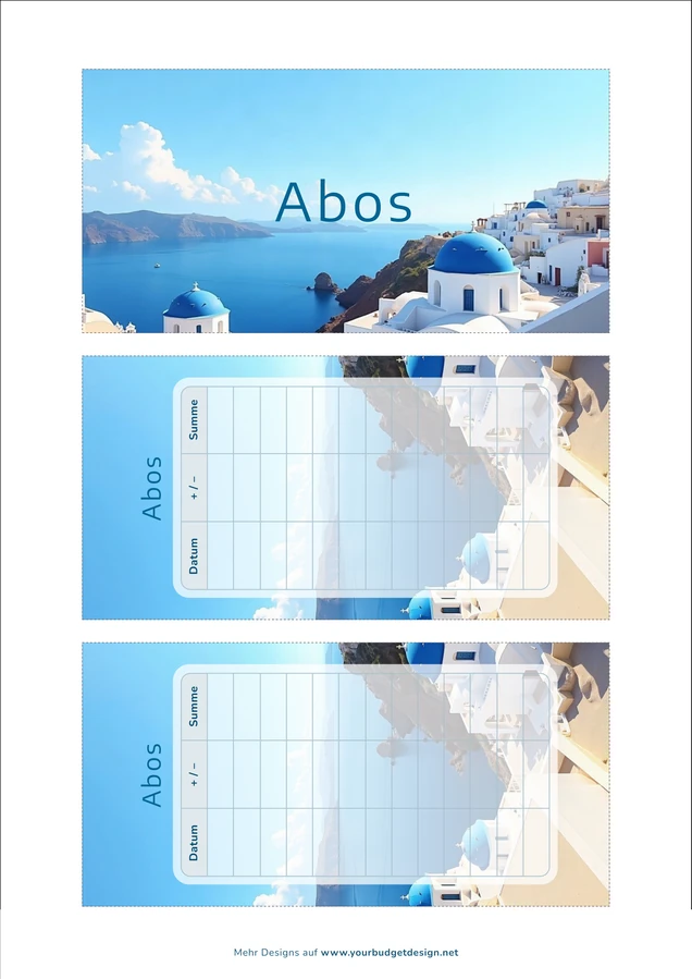 A4-Druckseite im Griechisches Inseldorf Design mit Deckblatt und zwei Budget Sheets zum Ausschneiden