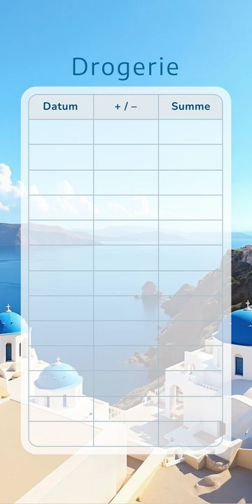 Budget Sheet Drogerie im Griechisches Inseldorf Design mit Spalten Datum, Plus Minus und Summe