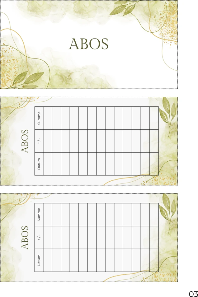 A4-Druckseite im Grüne Blätter Design mit Deckblatt und zwei Budget Sheets zum Ausschneiden